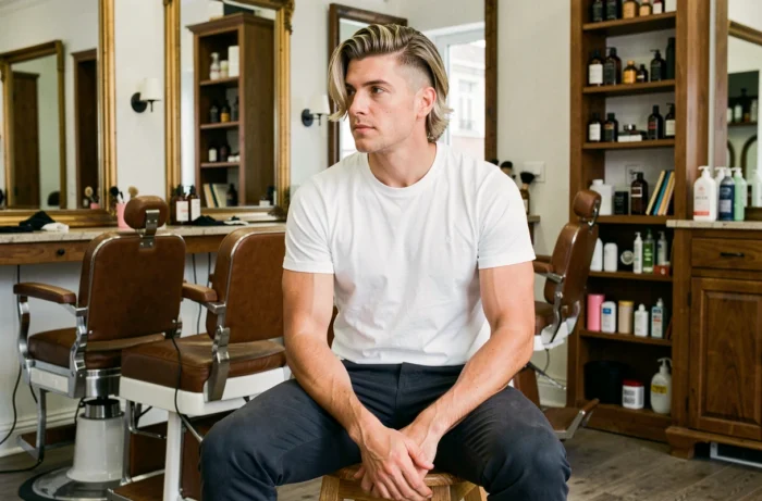 Homme avec une coupe mi-longue dégradée assis dans un salon de coiffure barbershop moderne