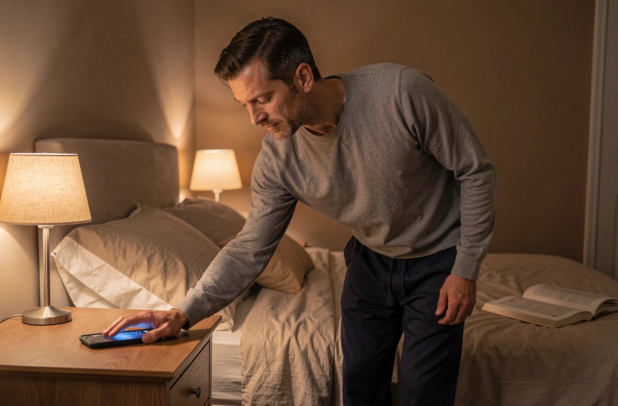 Homme posant son téléphone sur la table de nuit une heure avant de dormir pour couper les écrans