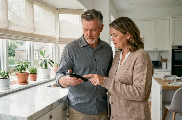 Couple consultant une télécommande Somfy RTS devant des stores motorisés dans une cuisine moderne