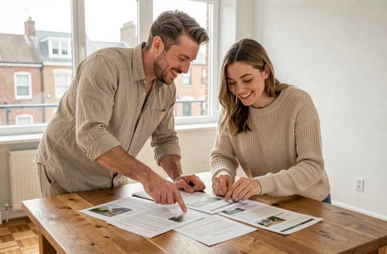 Couple de trentenaires consultant des offres immobilières sur une table en bois dans un appartement moderne