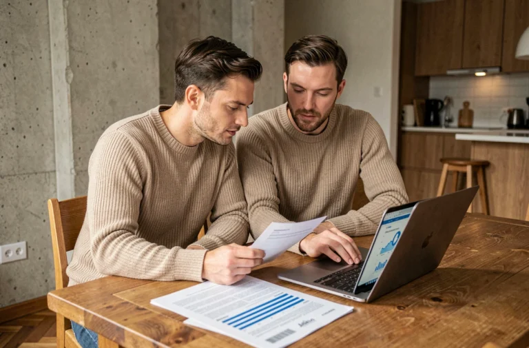 Couple examinant des documents de crédit immobilier sur une table en bois dans un appartement moderne