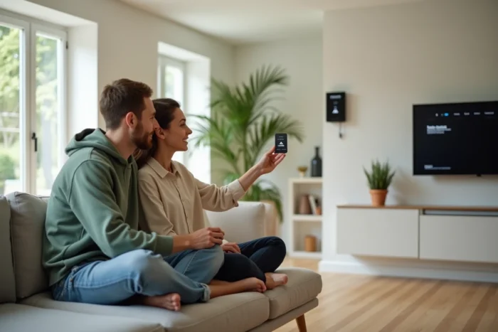 Couple utilisant un panneau de contrôle maison connectée dans un salon moderne