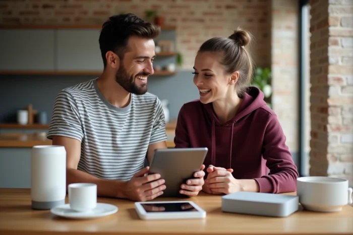 Couple parcourant des offres d'équipements pour la maison sur une tablette avec des produits disposés sur une table en bois