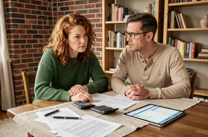 Couple étudiant un plan de remboursement de crédit immobilier à domicile