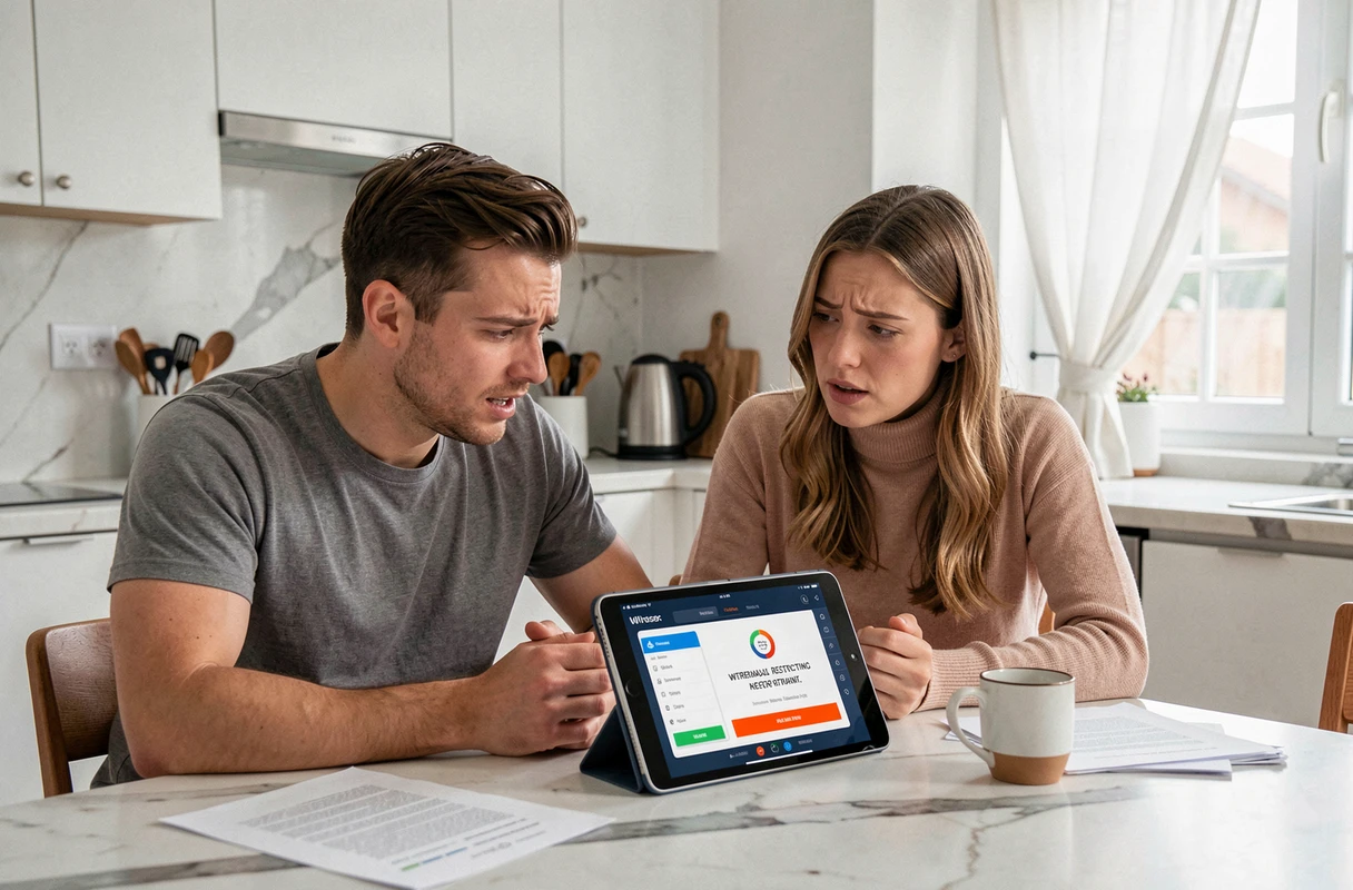 Couple analysant ensemble un avertissement de retrait bloqué sur un tableau de bord de cryptomonnaies sur une tablette dans une cuisine moderne