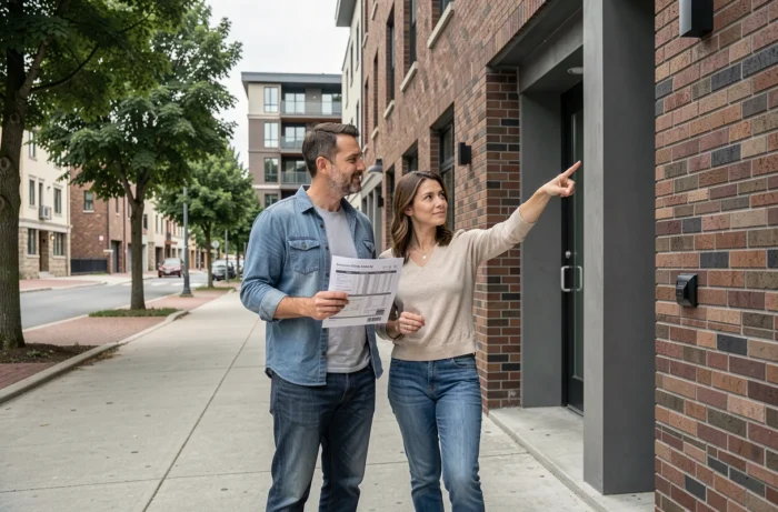 Couple visitant un appartement après une recherche immobilière en ligne, consultants une fiche de bien devant un immeuble
