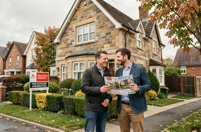 Couple visitant une maison en pierre avec brochure immobilière dans un quartier résidentiel calme en automne