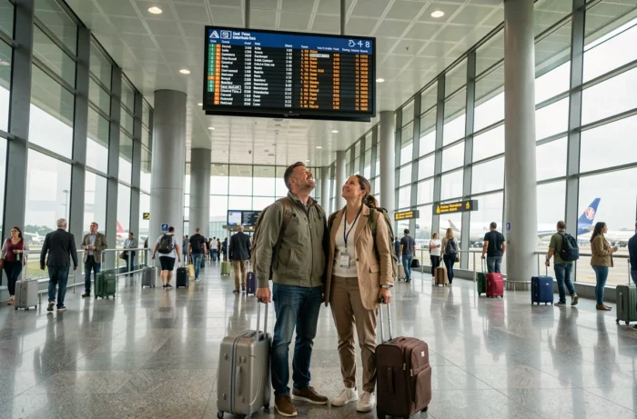 Couple de voyageurs dans un aéroport international prêts à partir pour un tour du monde