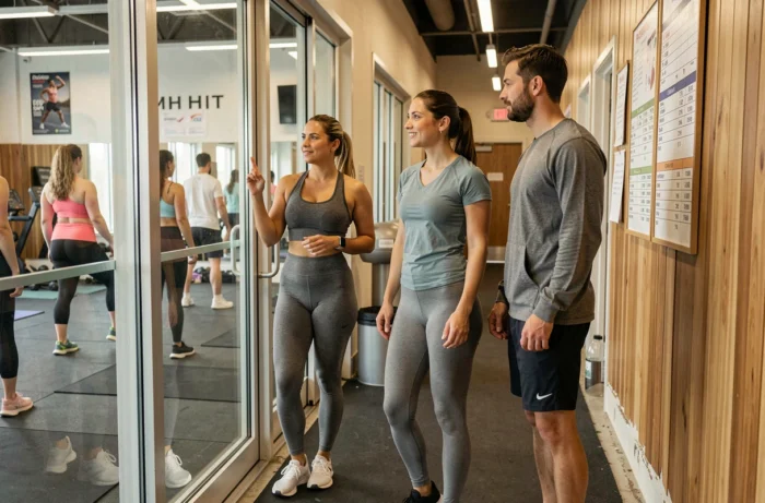 Groupe de personnes découvrant les cours collectifs proposés dans une salle de sport avant de s'inscrire