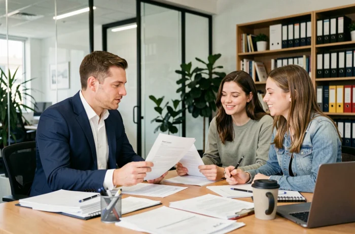 Courtier immobilier conseillant un couple sur leur dossier de crédit dans un bureau moderne