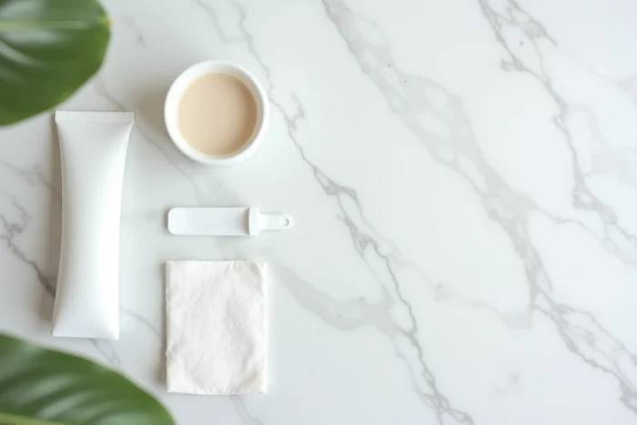 Mise en scène minimaliste d'une crème dermatologique à l'acide hyaluronique type Ialuset sur fond de marbre blanc