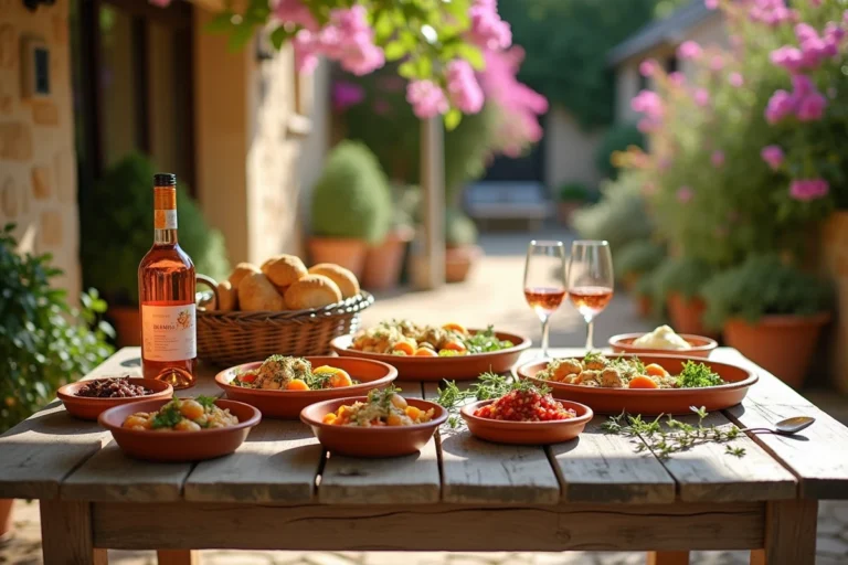 Table provençale en pierre avec plats typiques du Sud, tapenade, ratatouille et pain rustique sous une tonnelle fleurie