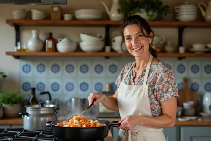 Femme cuisinant une bouillabaisse traditionnelle dans une cuisine méditerranéenne carrelée à Marseille