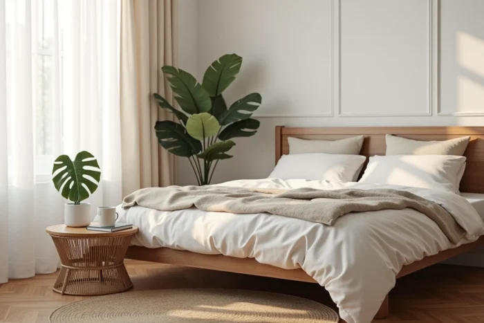 Coin chambre cosy avec lit en noyer, linge de lit en lin naturel, table de chevet en rotin et plante monstera