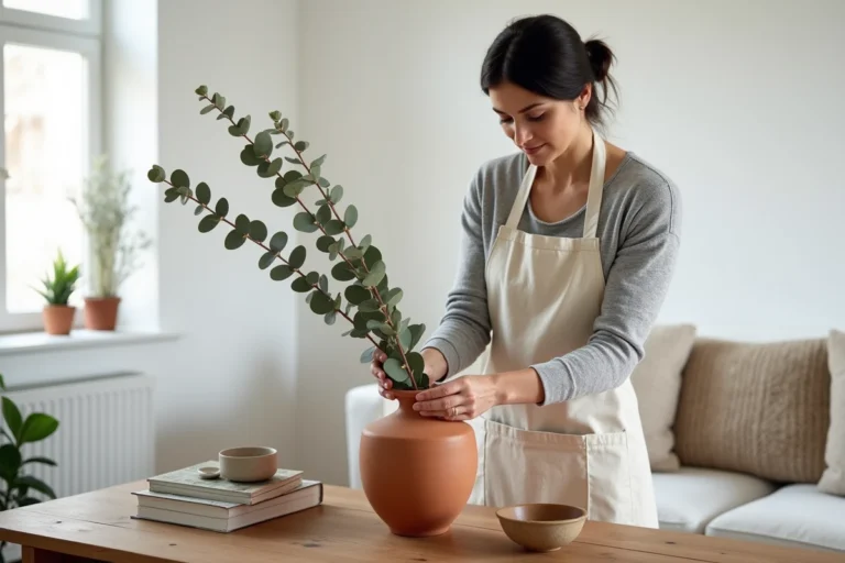Femme arrangeant des branches d'eucalyptus dans un vase en terre cuite sur une console en chêne dans un salon scandinave