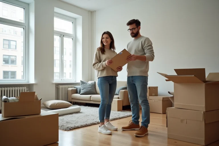 Couple en train de préparer leur déménagement dans un appartement rempli de cartons ouverts et de matériel d'emballage