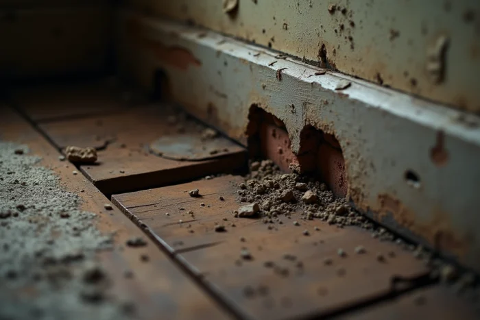 Détail d'un plancher en bois dégradé avec fissures et affaissement près d'un mur porteur