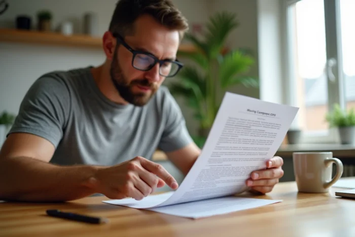 Homme relisant attentivement un devis de déménagement signé pour vérifier le droit de rétractation de 14 jours