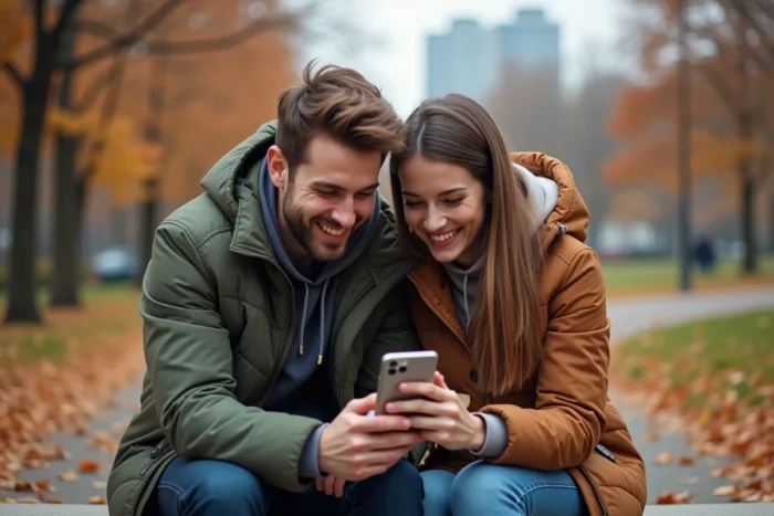 Deux personnes découvrant ensemble les rubriques d'un site web sur smartphone dans un parc urbain en automne