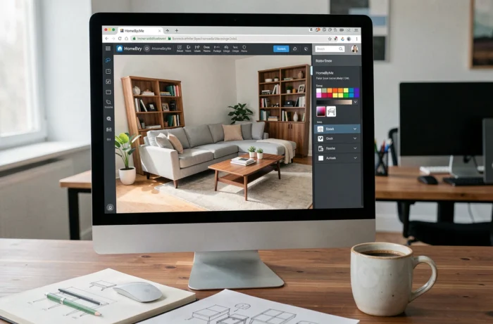 Écran d'ordinateur affichant l'interface HomeByMe avec des meubles personnalisés importés dans une pièce virtuelle en 3D