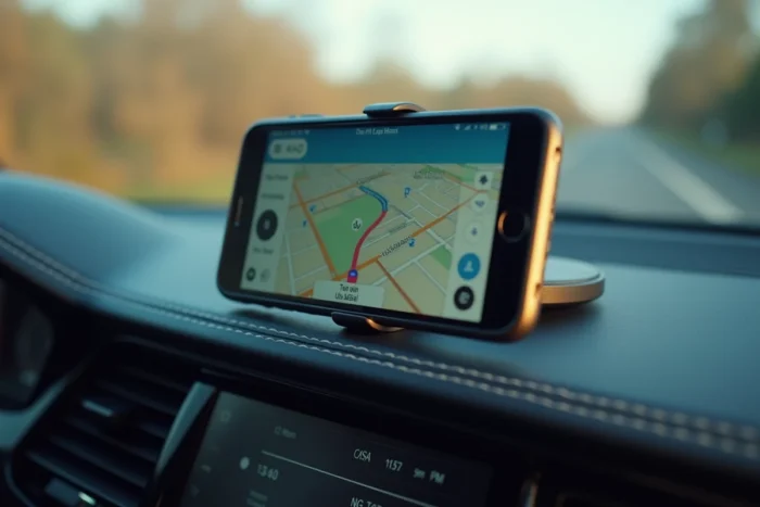 Gros plan sur l'écran du smartphone avec l'icône son désactivé sur l'interface GPS Mappy dans une voiture