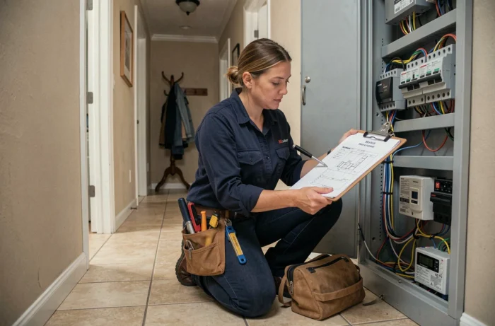 Électricienne professionnelle consultant un schéma électrique dans un couloir résidentiel