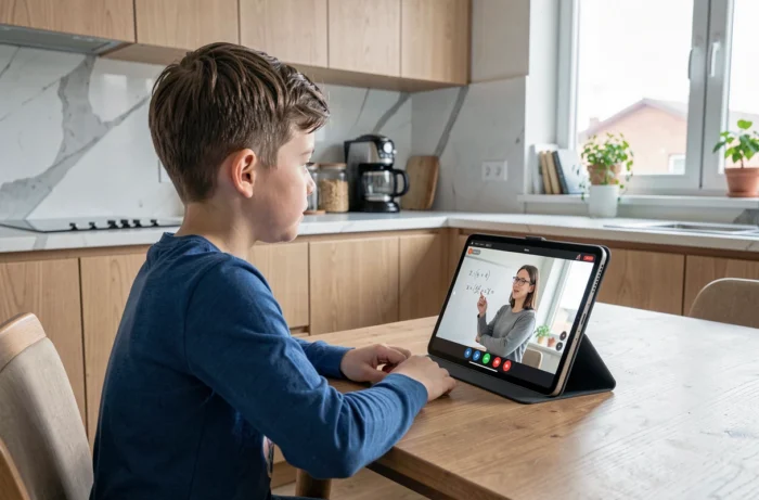Jeune élève du primaire en séance de soutien scolaire en ligne sur tablette dans la cuisine familiale