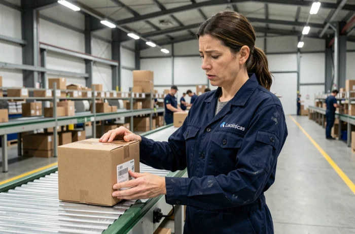 Employée logistique examinant une étiquette de colis sur un tapis de tri dans un hub de distribution de colis