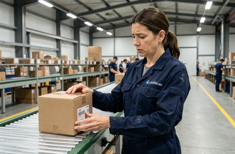 Employée logistique examinant une étiquette de colis sur un tapis de tri dans un hub de distribution de colis