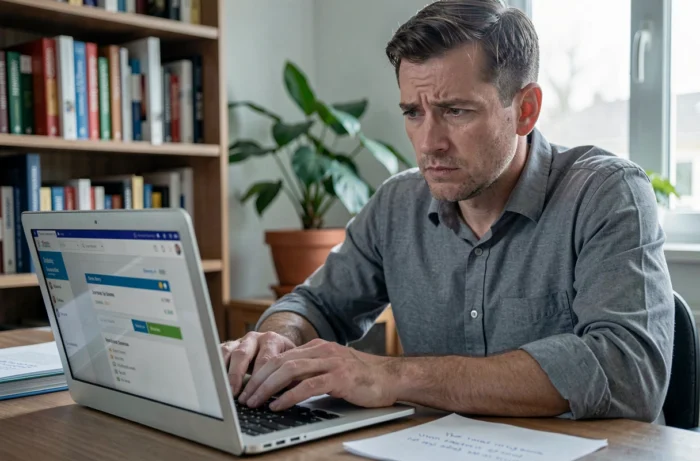 Enseignant consultant son compte bancaire en ligne pour vérifier un retard de salaire