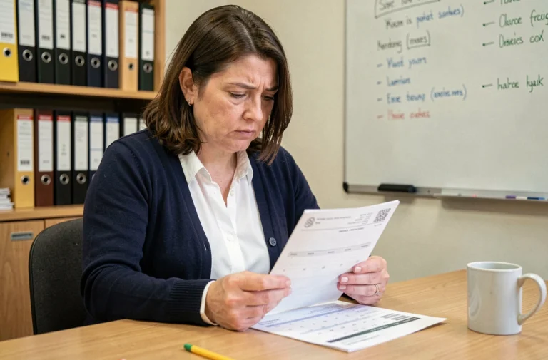 Enseignante vérifiant sa date de paye sur un bulletin de salaire dans une salle des professeurs