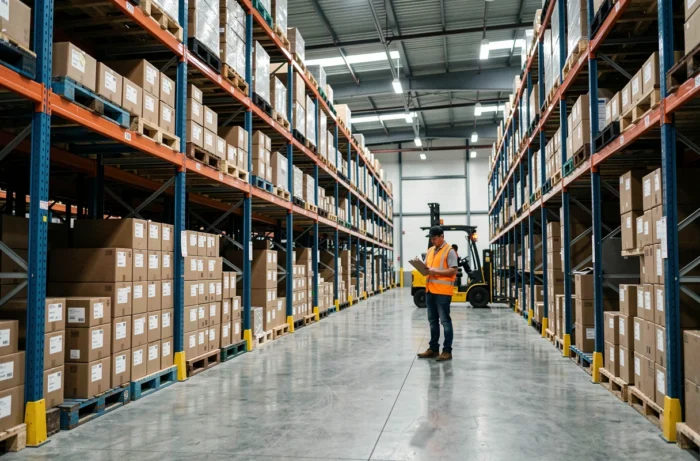 Vue grand angle de l'intérieur d'un entrepôt de hub logistique avec rayonnages de colis et agent en gilet orange