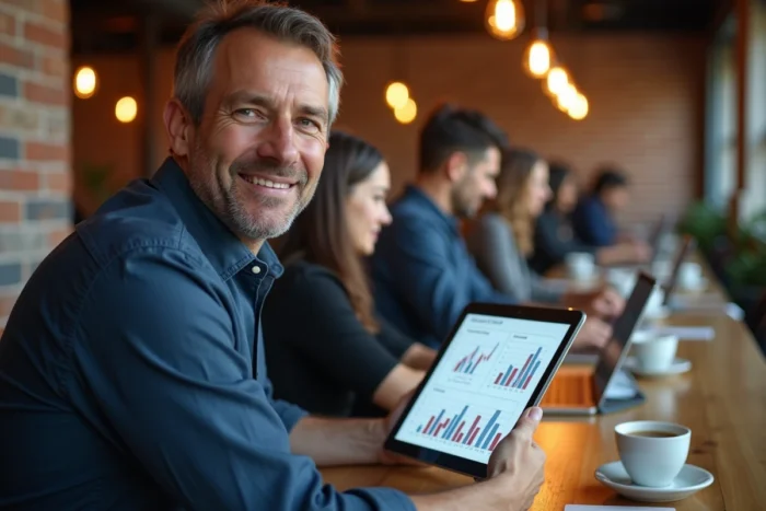 Homme entrepreneur analysant des services en ligne sur une tablette dans un espace de coworking animé
