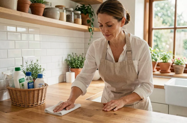 Femme entretenant sa cuisine avec un chiffon microfibre et des produits ménagers naturels, conseils entretien maison