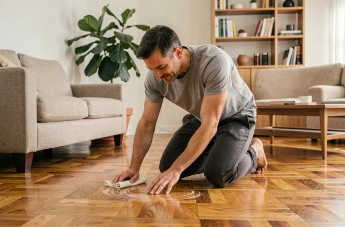 Homme entretenant un parquet en bois dans un salon avec un polish naturel, astuces entretien sol maison toute l'année