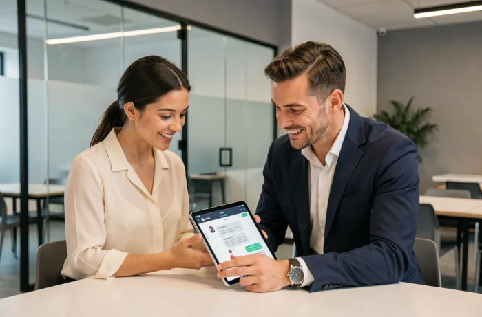 Deux professionnels consultant une interface de contact sur une tablette pour faciliter la communication avec l'équipe de La Fantaisie