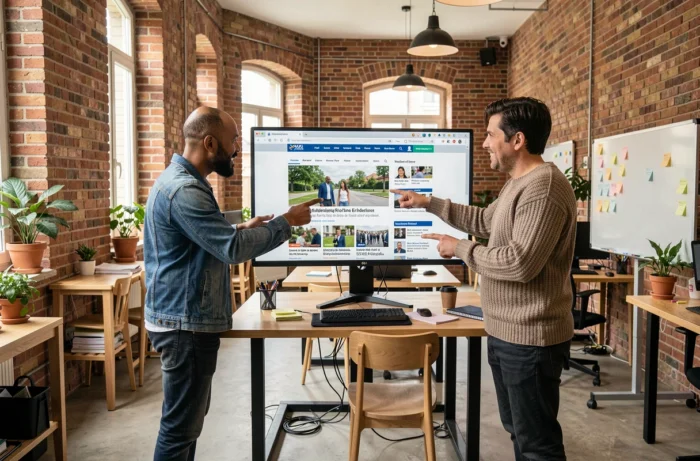 Équipe de collègues discutant des actualités régionales sur un grand écran dans un espace de coworking, Web Ouest informations