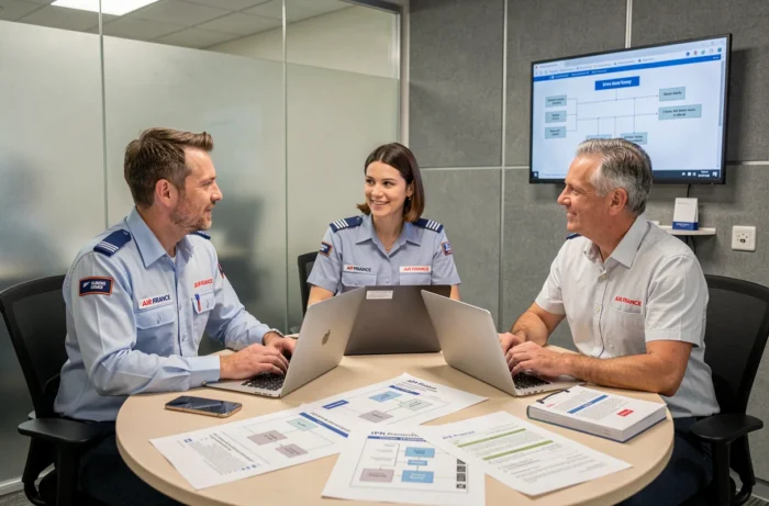 Équipe opérationnelle Air France en réunion autour des processus IPN avec des documents de workflow et des laptops dans une salle de conférence d'entreprise