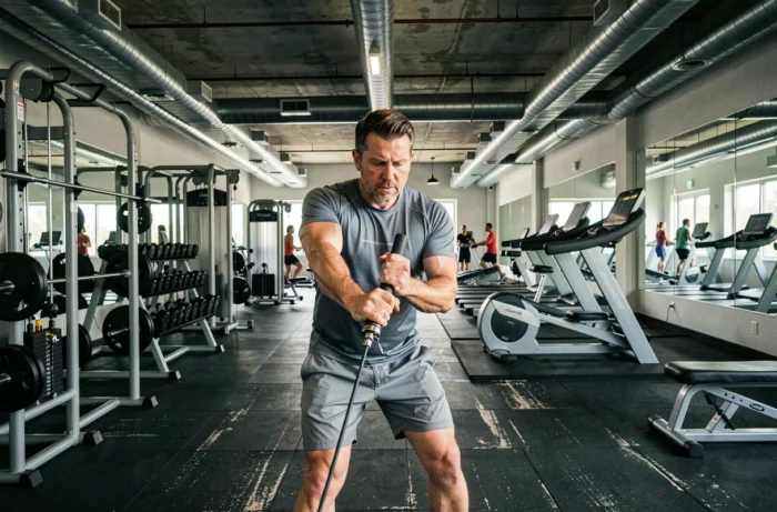 Homme testant les équipements de musculation pour évaluer une salle de sport adaptée à ses besoins