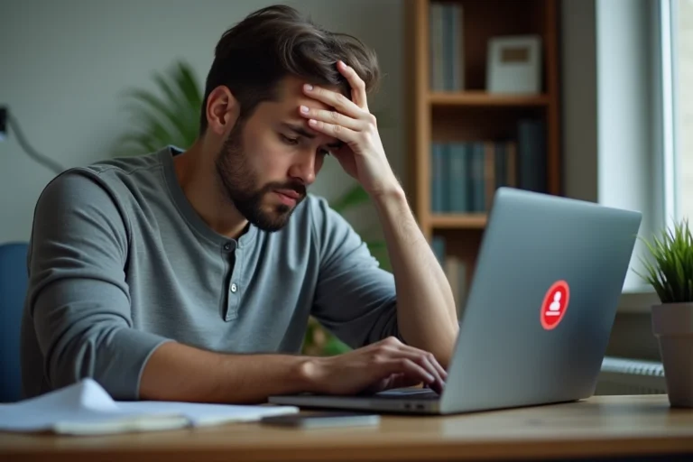 Homme frustré face à une erreur de connexion sur son ordinateur portable dans un bureau à domicile