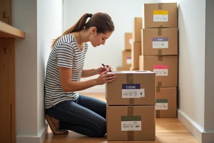 Femme étiquetant des cartons de déménagement avec le nom de la pièce de destination en couleur, plutôt que le contenu
