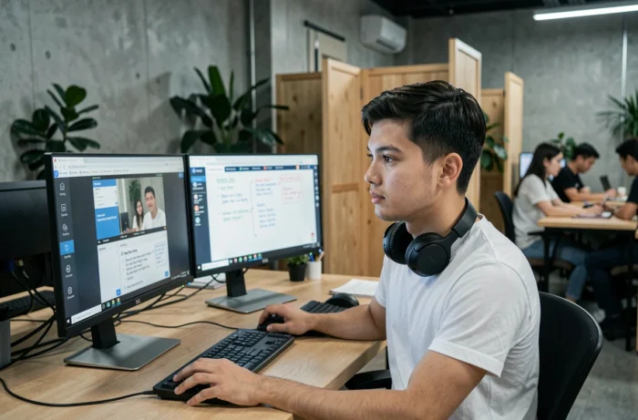 Étudiant universitaire suivant un cours de soutien en ligne dans un espace de coworking avec deux écrans