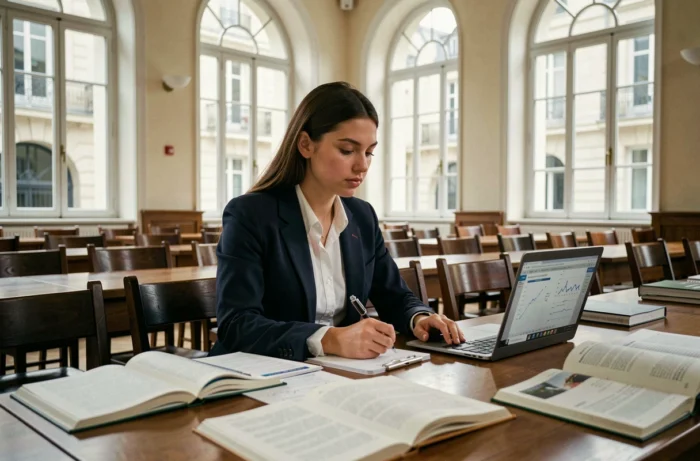 Étudiante en master de finance El Karoui prenant des notes dans une salle de cours parisienne avec des manuels et un ordinateur portable