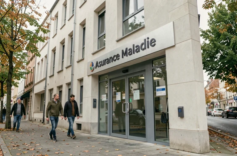 Façade extérieure du bâtiment de la CPAM Calais avec l'entrée principale et la signalétique Assurance Maladie