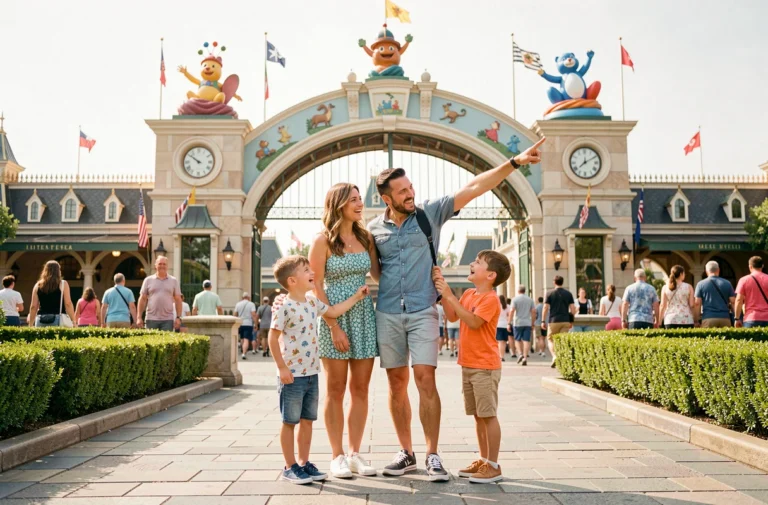Famille joyeuse devant l'entrée d'un parc d'attraction à Paris lors d'une journée estivale