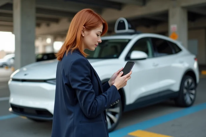 Femme activant la conduite autonome de son SUV via une application smartphone dans un parking urbain