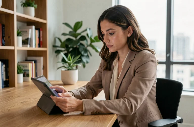 Femme consultant les actualités du moment sur une tablette dans un bureau moderne