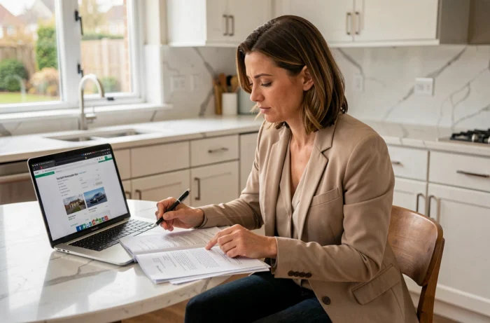 Femme analysant des offres de crédit immobilier à domicile avec des documents et un ordinateur
