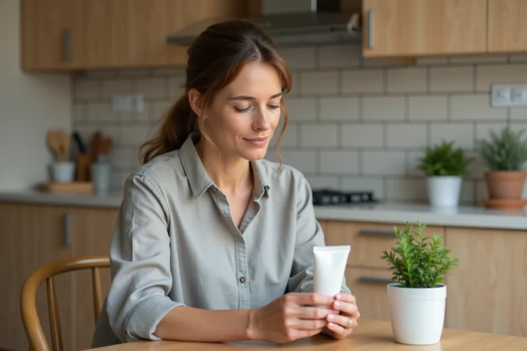 Femme lisant l'étiquette d'une crème antidouleur en vente libre à la cuisine