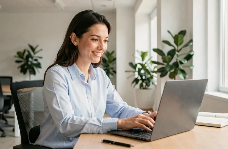 Femme tapant un message de contact sur un ordinateur portable dans un bureau moderne pour joindre l'équipe de La Fantaisie